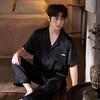 Pajamas men's satin ice silk summer short sleeves solid color simple high-end simulation silk men's loungewear set large size