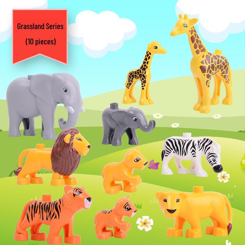 Compatible LEGO Large Building Blocks & Animal Accessories: Dinosaur, Crocodile, Tiger, Giraffe, Chicken, Dog, Cat.