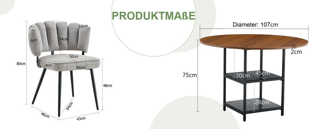 Tisch- und Stuhlset. Runder Esstisch 107 cm in Nussbaumoptik mit doppelter Ablagefläche + 2 graue Stoffstühle mit blumenförmiger Rückenlehne.