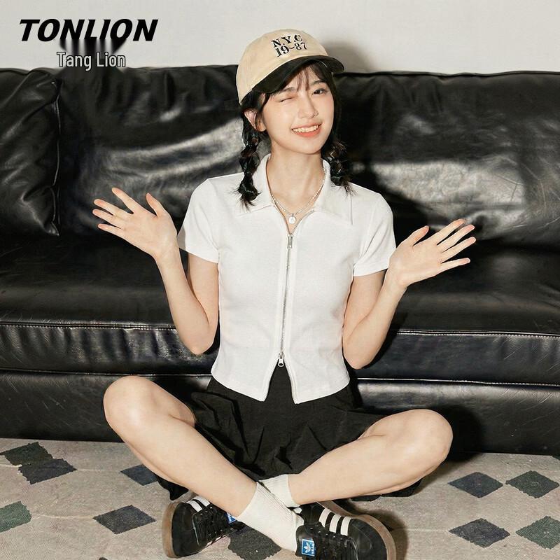 TonLion Women s Double Zipper Knit Polo Shirt S