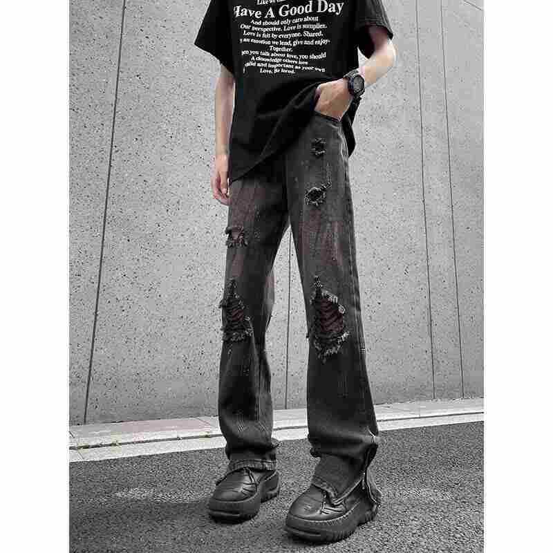 JYL Men s Jeans High Street Ripped Wide Leg Straight Niche Bootcut Denim S