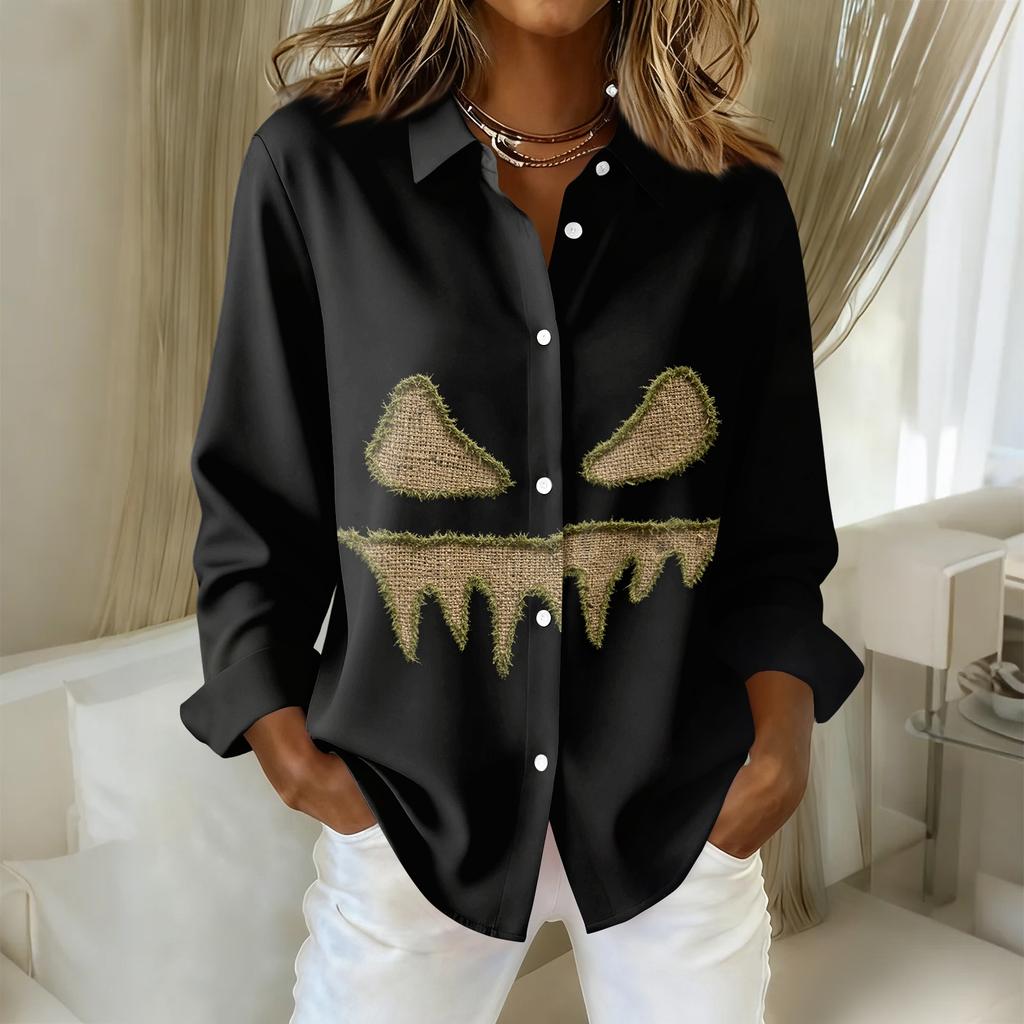 Women's Halloween Printed Long Sleeve Casual Button Down Shirt
