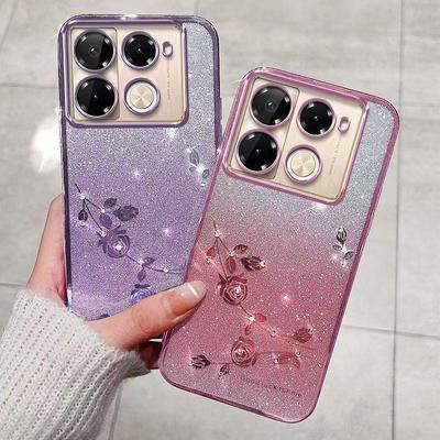 Pouzdro na telefon pro Infinix Note 40 Pro 5G/4G/Note 40 Pro Plus 5G, Flash Pink Flower Transparentní ochrana proti nárazu Luxusní diamantový lesklý ochranný kryt