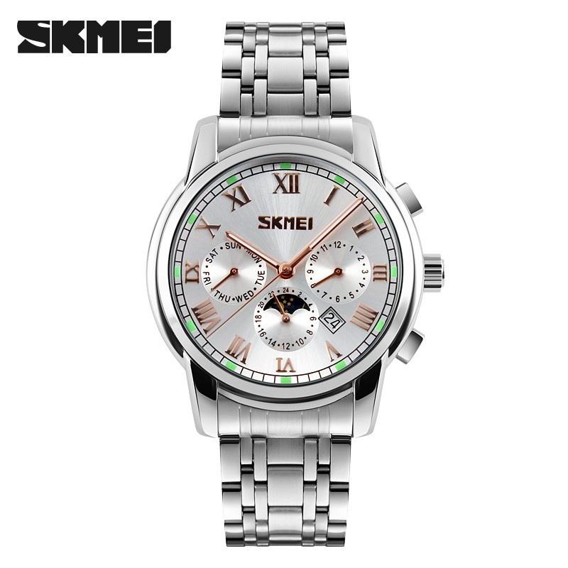 

Skmei 9121 Luxury Moon Watch Date Watch 304 Japanese Movement Watch Waterproof білий/срібний