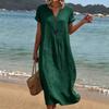 Notch V Neck Rolled Short Sleeve Linen 2 Decorative Front Buttons Loose Flowy Shift Dress Breathable Summer Beach Minimalist Oversized Resort Sundress