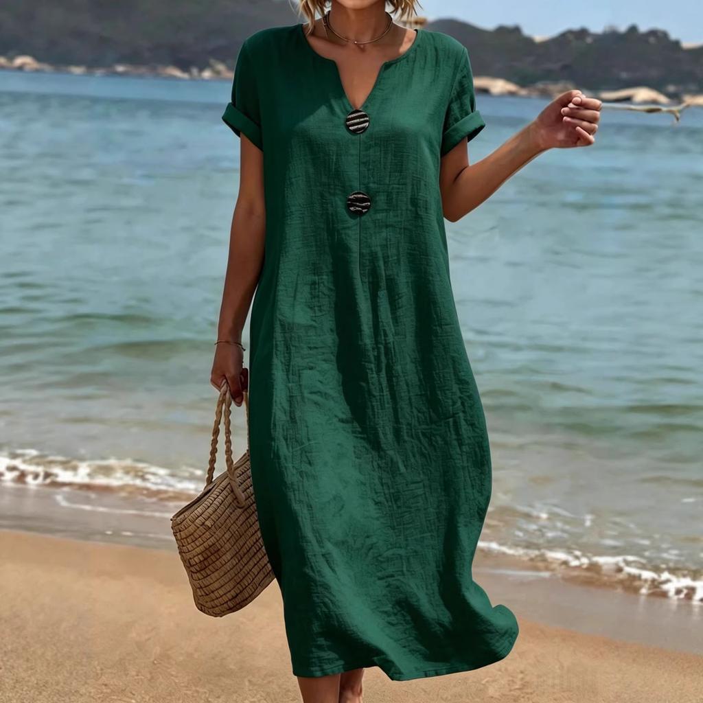 Notch V Neck Rolled Short Sleeve Linen 2 Decorative Front Buttons Loose Flowy Shift Dress Breathable Summer Beach Minimalist Oversized Resort Sundress