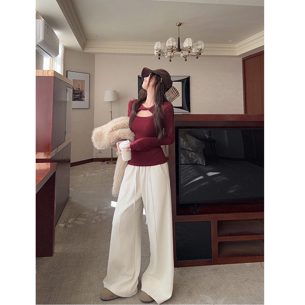 Gewindesamt Grau Ausgeschnitten Langarm-T-Shirt, Damen Slim Fit Herbst/Winter Basisschicht