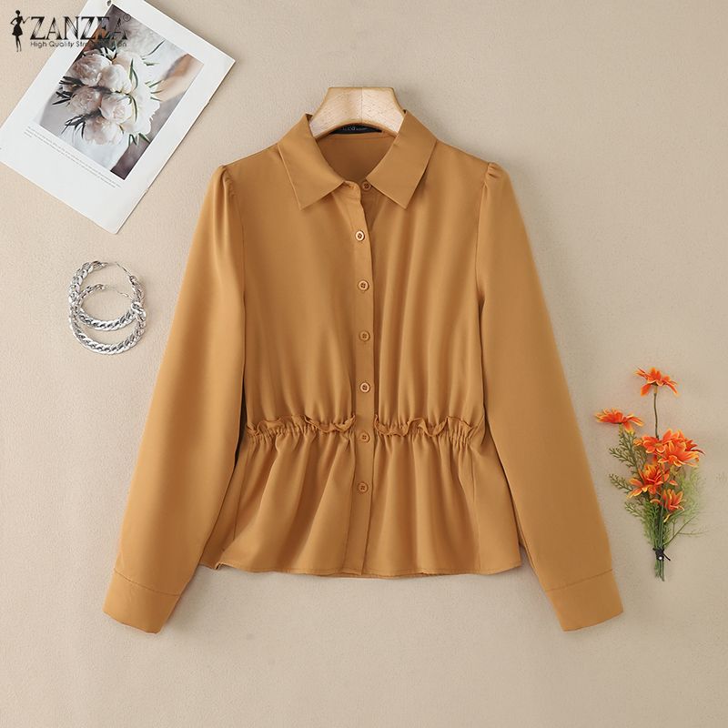 ZANZEA Women Casual Turn Down Collar Solid Color Long Sleeve Blouse