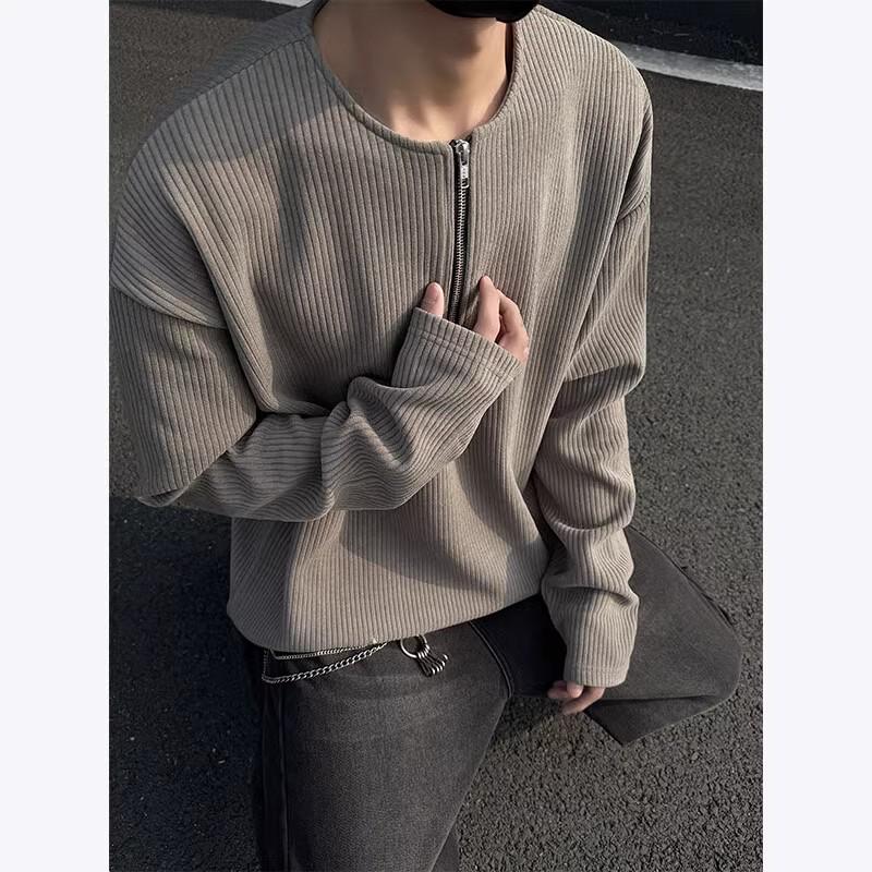 

Men s Heavyweight Ribbed Half-Zip Sweatshirt - Spring 2025 Trend Long-Sleeve Loose Outerwear XXXL темно-сірий