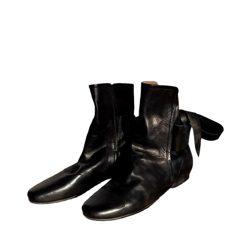 Leather niche polished Martin boots women's autumn and winter Chelsea short boots bow flat-bottomed pleated stacked boots