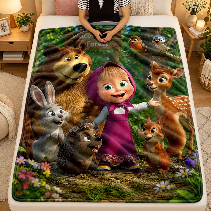 Flannel BlanketMasha and the Bear Warm Soft Throw Blanket for Indoor Sofa Bed Living Room Use