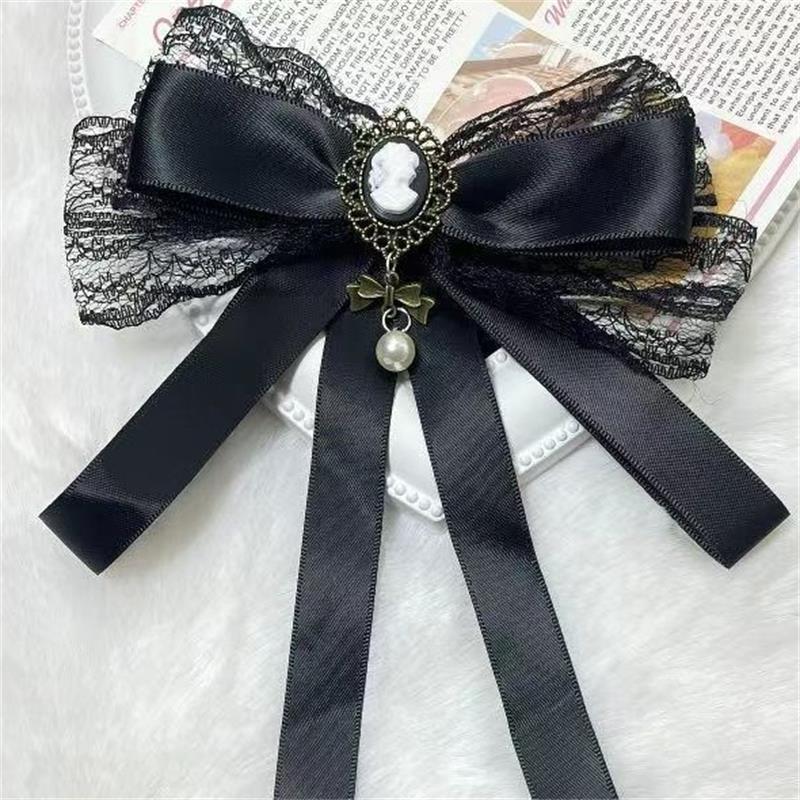 Fabric Black Lace Bow Pearl Brooch Elegant Women Shirt Collar Pins Corsage Mourning Brooch Jewelry Brooch Hair Clip Dual-Purpose