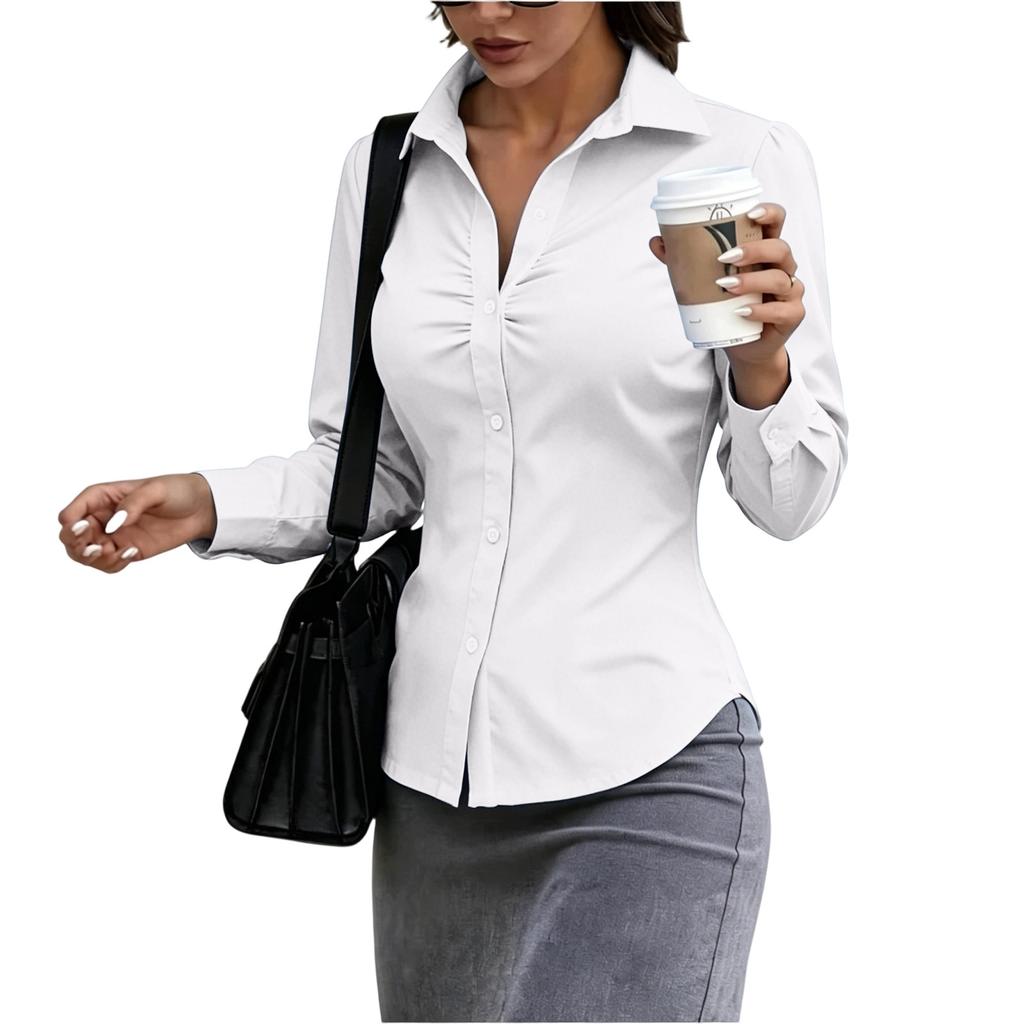 Women's Slim Fit Button Down Shirt Long Sleeve Collared Blouse Stretchy Office Workwear Top with Ruched Front Design
