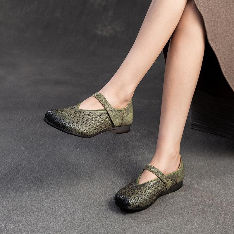 Johnature Bombas Retro Cuero Genuino Suela Suave Gancho y Lazo Cómodos Zapatos de Mujer Versátiles