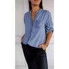 Women Casual Summer V-neck Sequin Blouse Loose Collar Mid-sleeve Printed Button Top Sun Protection Shirt with Pocket