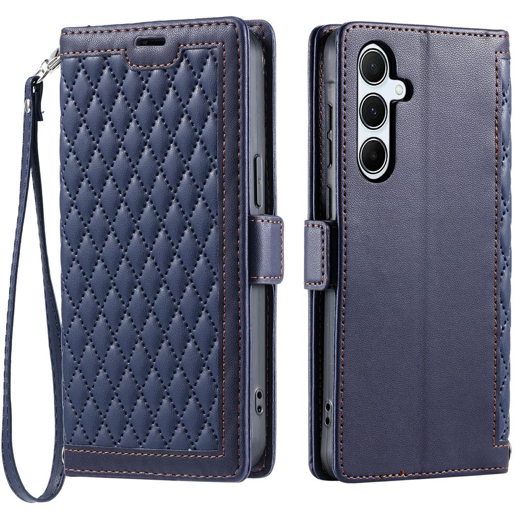 For Samsung Galaxy A15 5G/4G Leather Case Rhombus Texture Wallet Stand Phone Cover with Wrist Strap