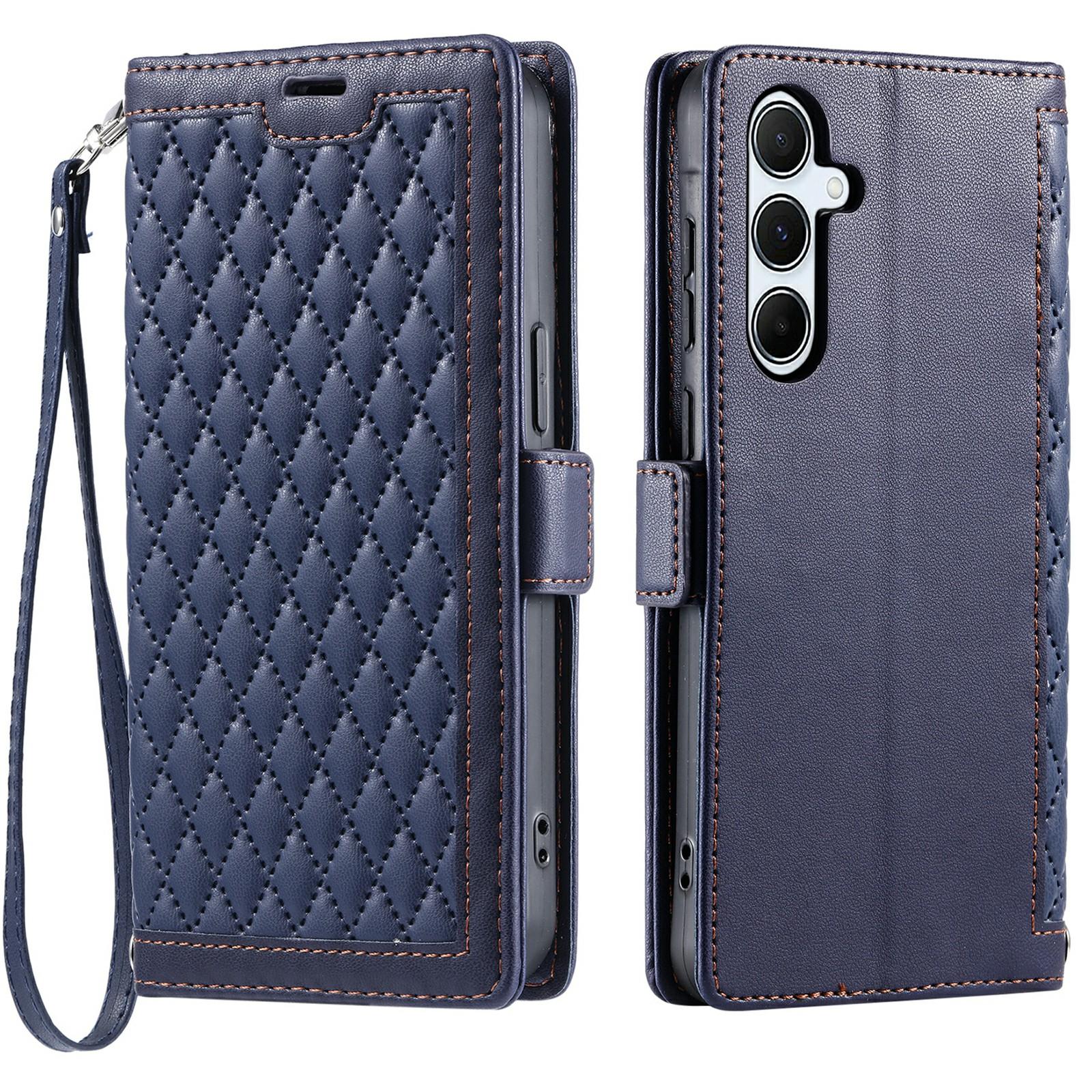 

For Samsung Galaxy S25+ Leather Case Rhombus Texture Wallet Stand Phone Cover with Wrist Strap Blue