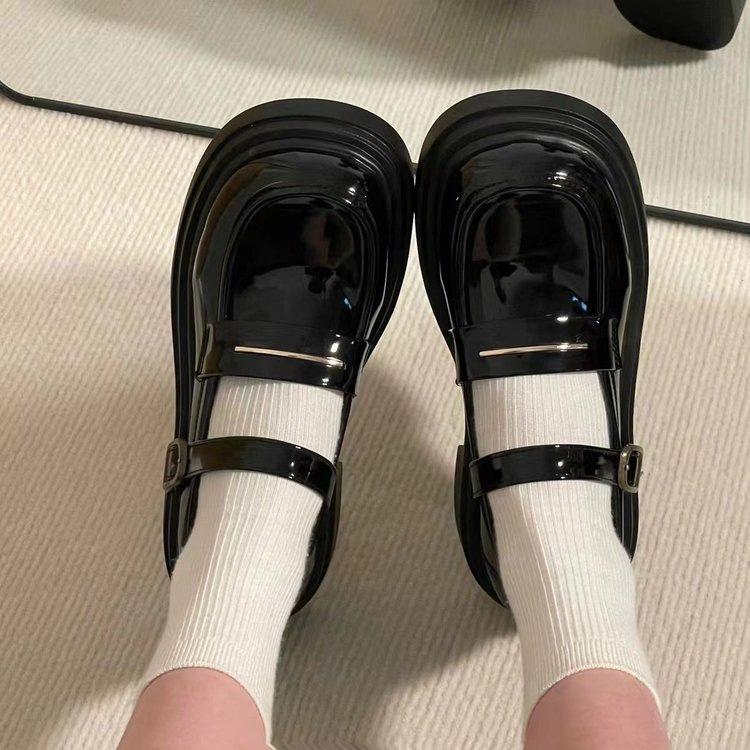 Thick-soled Black Patent Leather Mary Jane Small Leather Shoes Autumn Retro College Style Single Shoes with Skirt