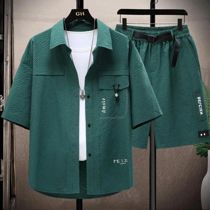 Men's Summer Handsome Workwear Suit Youth Short-sleeved Shirt + Shorts Casual Two-piece Set