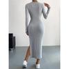 Fall Winter Women's Long Sleeve Crew Neck Slit Maxi Knit Dress, In Stock For Crossborder European American Size, Casual Long Dress For Women