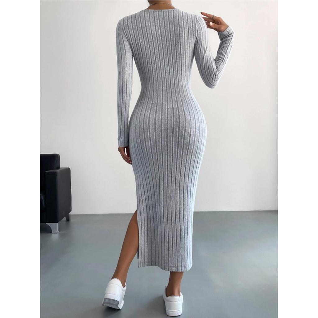 Fall Winter Women's Long Sleeve Crew Neck Slit Maxi Knit Dress, In Stock For Crossborder European American Size, Casual Long Dress For Women
