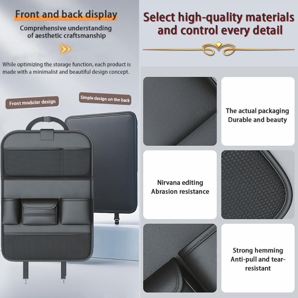 Multi-Pocket Rear Seat Organizer Premium Waterproof PU Leather Car Seat Back Pocket with Stain Proof Tablet Storage for Kids Tra