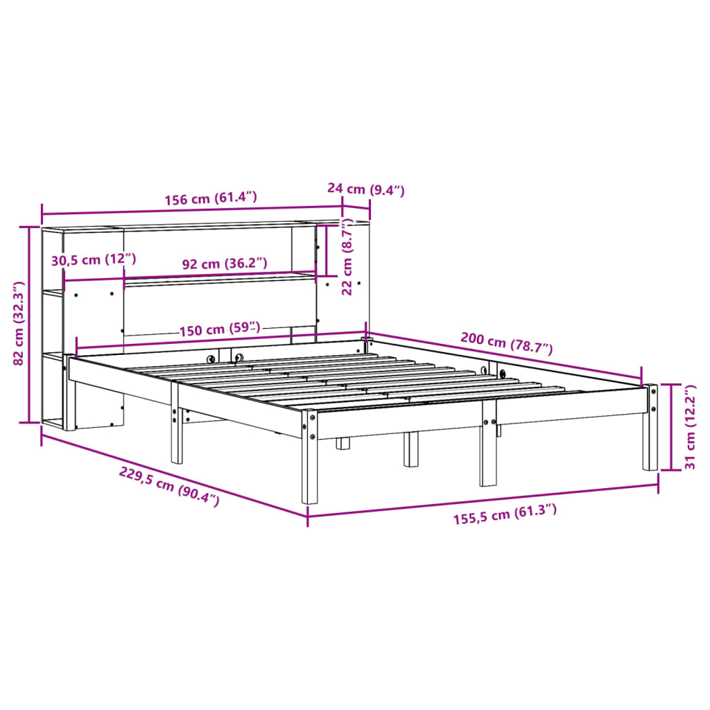 Solid Wood Bed with Shelf Without Mattress Wax Brown 150 x 200 cm