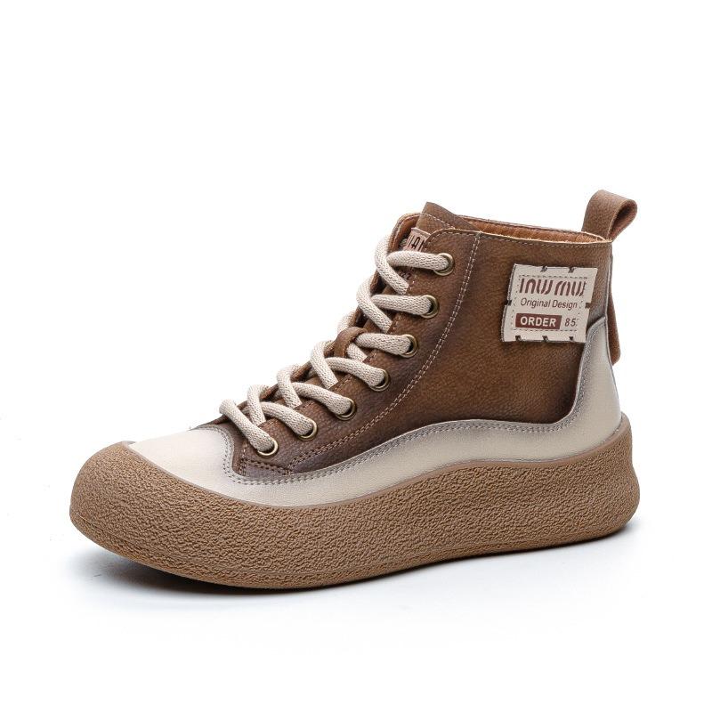 Autumn New Leather Retro High-top Board Shoes Women's Wear-resistant Non-slip Heightening Board Shoes Women's Comfortable and Fashionable Versatile