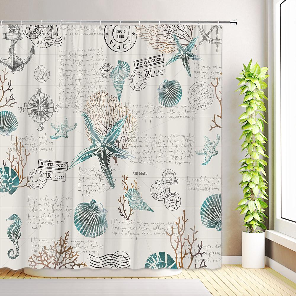 Nautical Coastal Shower Curtain Ocean Beach Seashell Starfish Coral Seahorse Octopus Underwater World Bathroom Decor with Hooks