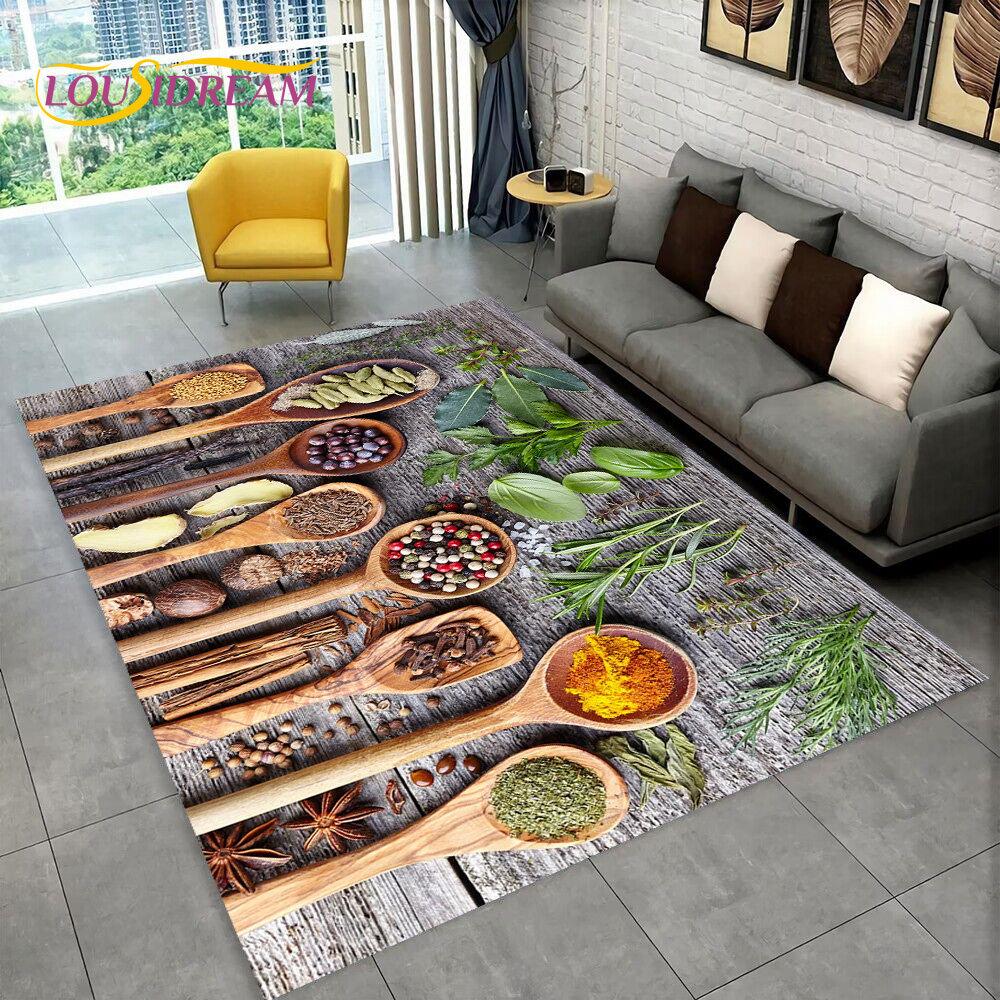 Küchenteppich mit Gemüse, Getreide, Gewürzen, Obstgewürzen, Teppich für Wohnzimmer, Sofa, Fußmatte, Dekoration, rutschfeste Bodenmatte 40x60cm