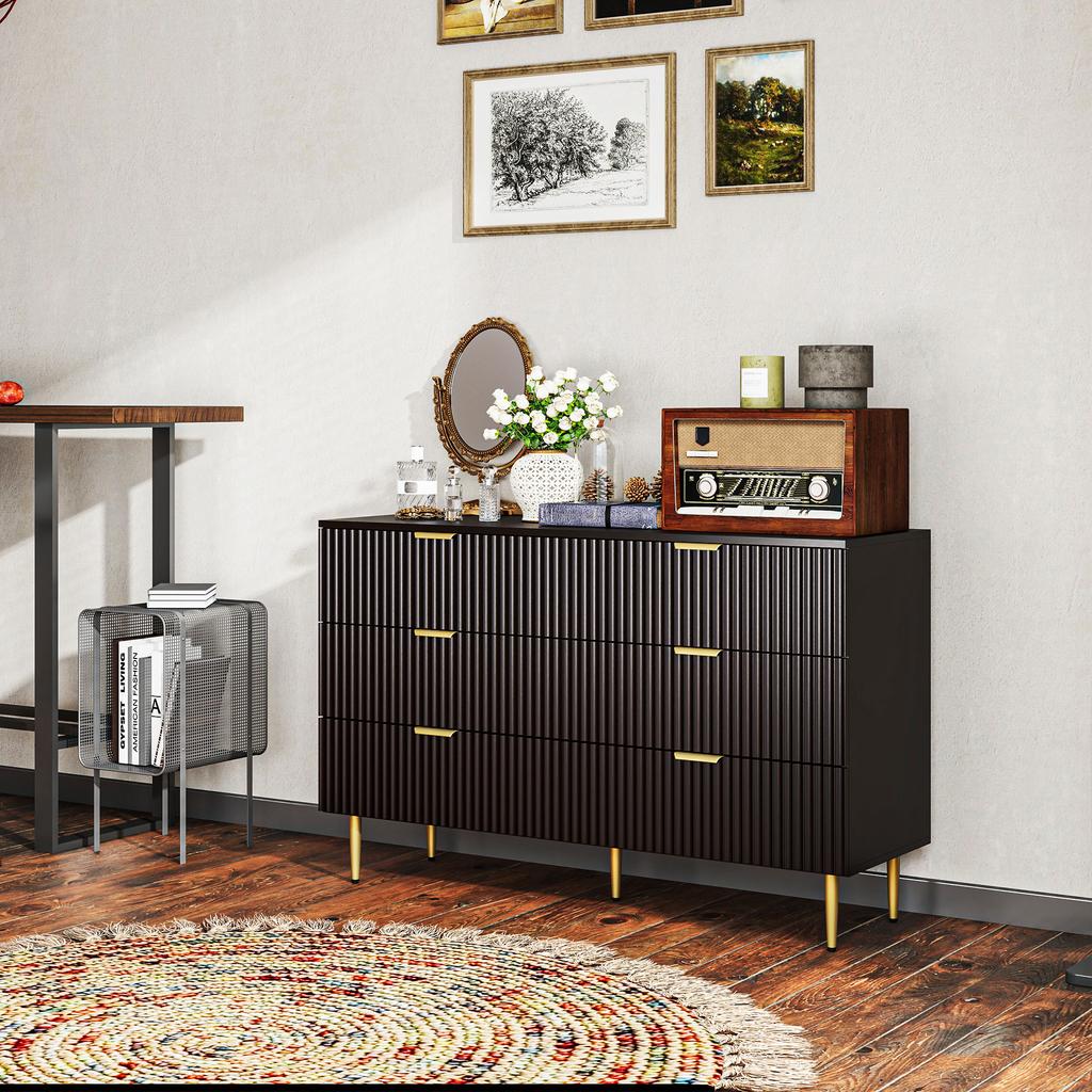 Moderna 6-Drawer Dresser with Golden Handles, 120x40x76.5cm, Black