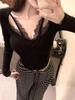 Women's Winter Lace Patchwork V-Neck Long-Sleeve Slim-Fit Base Layer Top
