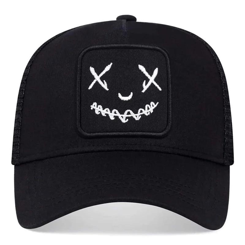 Baseball Stitching Embroidered Face Smile Her Him For Women Men Caps Cotton Snapback Hip Hop Urban Street Style Mesh Cap Summer Outdoor Sun Hat