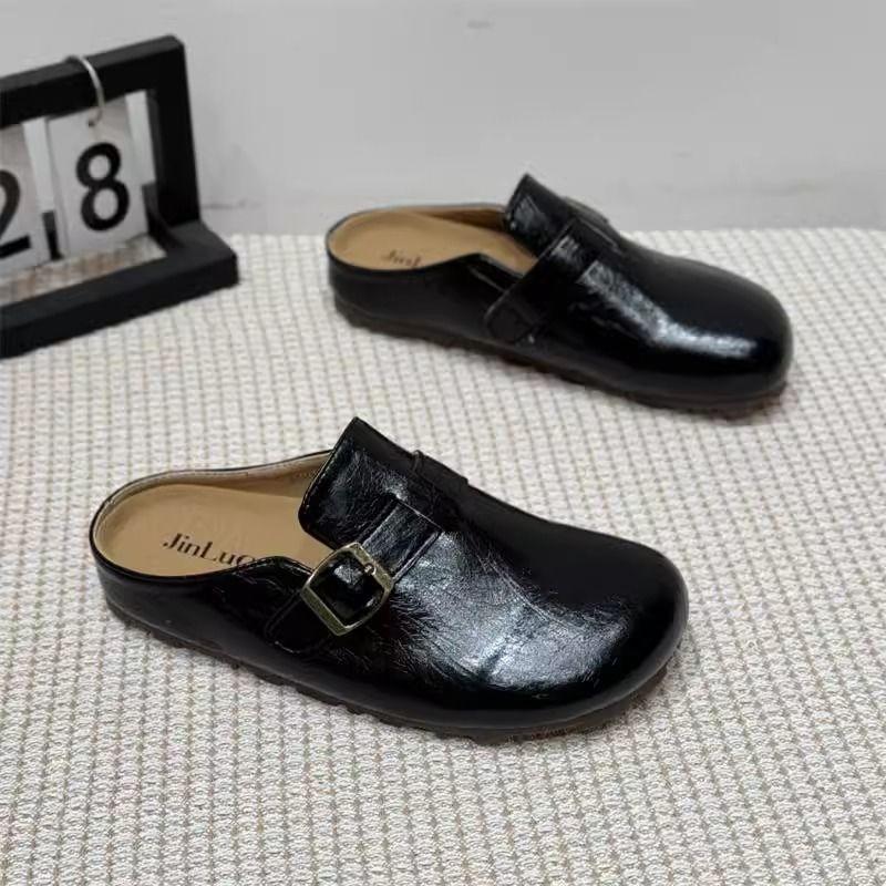 Flat-bottomed Bag Head, Half Slippers, Women's Outer Wear, Spring 2025 New Retro Flat-bottomed Lazy Black One-pedal Muller Shoes