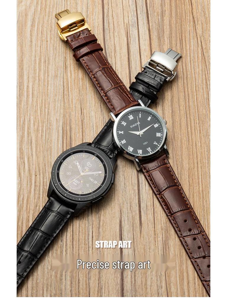 Bamboo Pattern Genuine Leather Watch Strap with Soft Cowhide and Butterfly Buckle for Men and Women