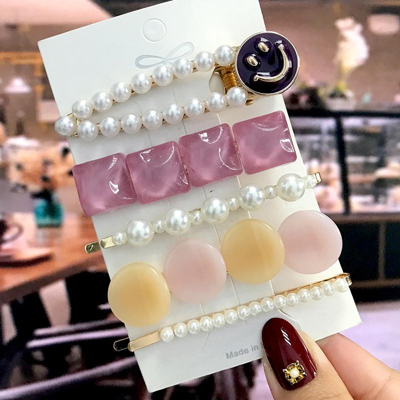 5Pcs/Set Fashion Smiley Pearl Hair Clip For Women Girl Geometric Acetate Barrettes Hairpin Headwear Hair Accessories  Trendy