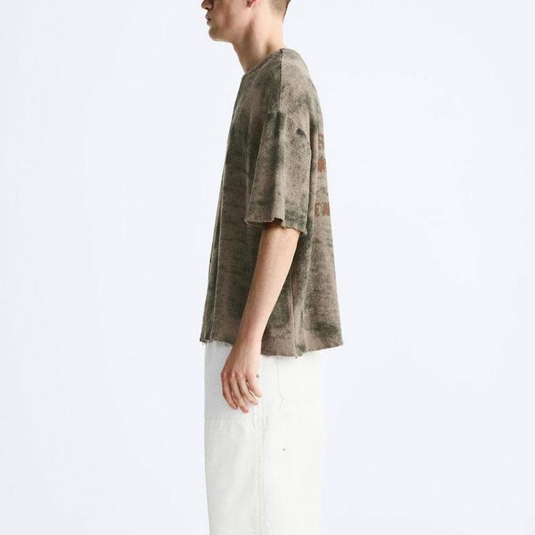 Zara Casual Printed Round Neck Short Sleeve T-Shirt Men Tops Brown 4090400-707