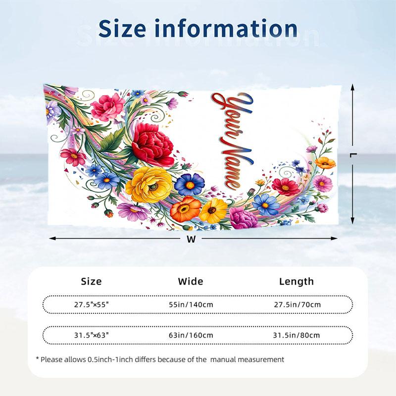 Floral Garden Theme Beach Towel Personalized Custom Name & Text Soft Quick Dry Beach Towel for Swimming Travel