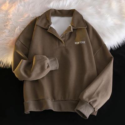 Frauen Herbst Frühling Sweatshirt drehen-unten Kragen Lose Lange Ärmel Reine Farbe