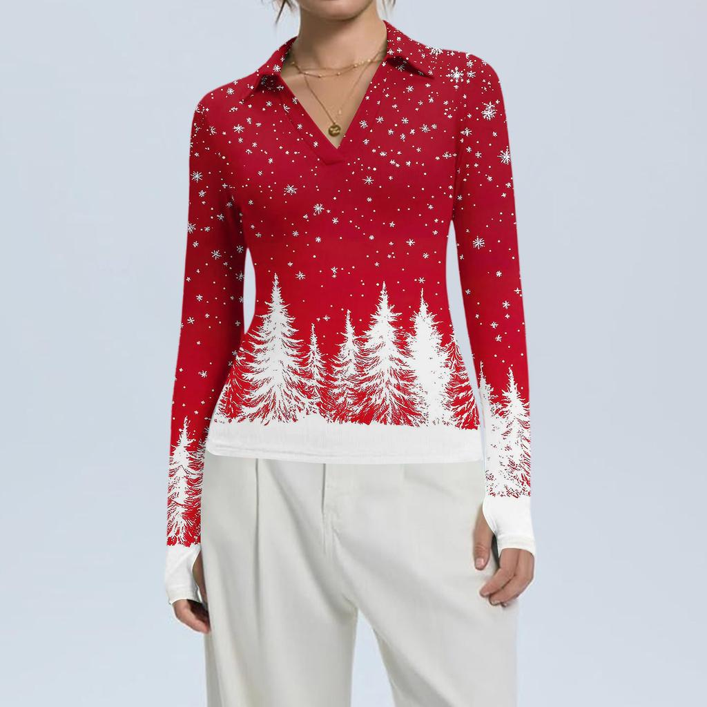 Damenmode Lässig Weihnachts-Print V-Ausschnitt Langarm Knopfleiste Oberteil