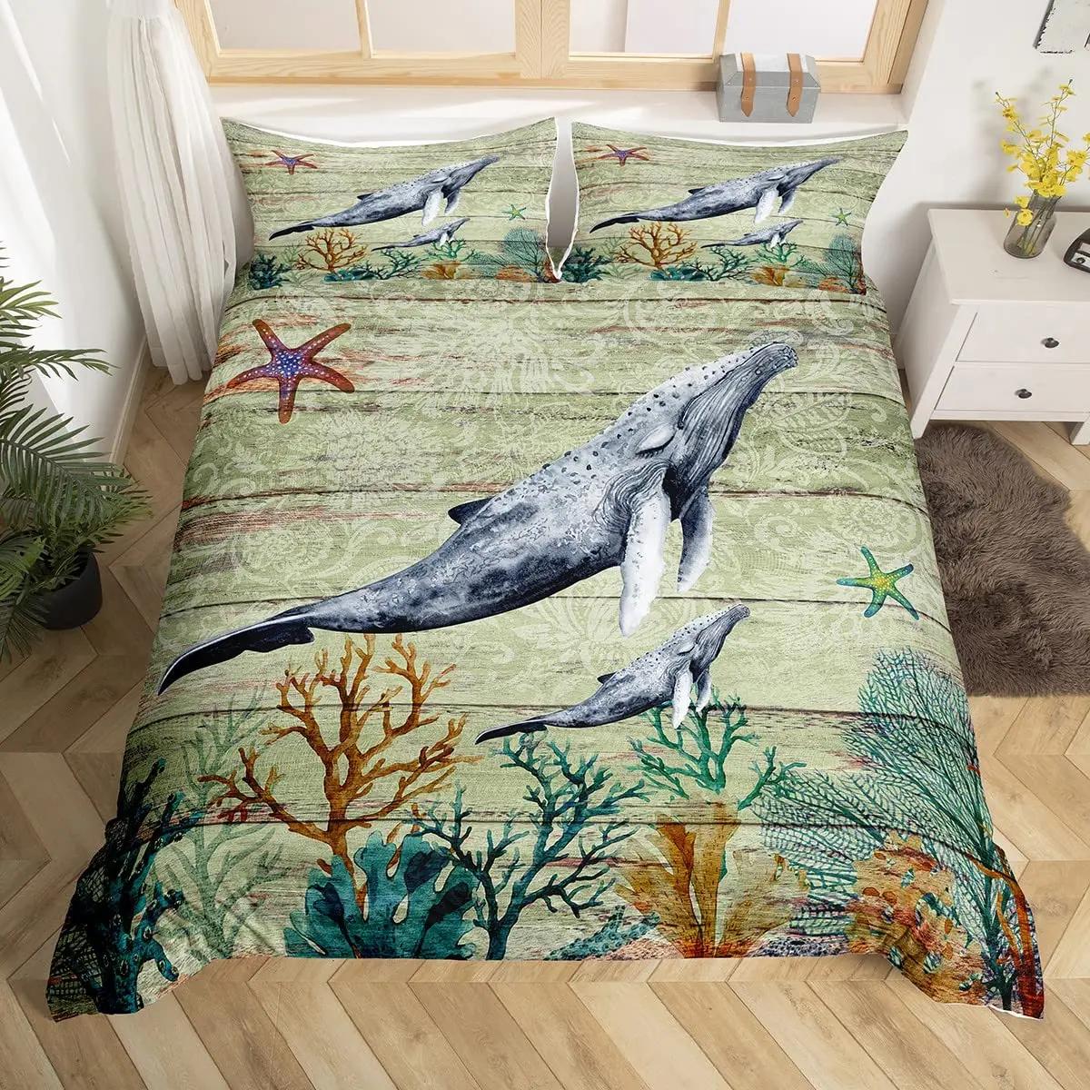 

Comforter Whales King Queen Ocean Animal Bedding Set Seaweed Starfish Marine Life Blue Polyester Comforter Comforter (quilt)-EU Single(135*200cm)3pcs