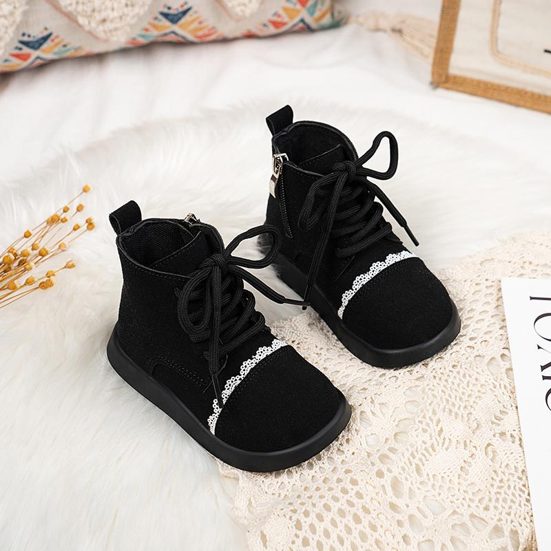 

Girls Short Boots Sweet Lace Side Zip Kids Leather Boots Round Toes Autumn Children Ankle Boots Soft Bottom Size 22-30 22 чорний