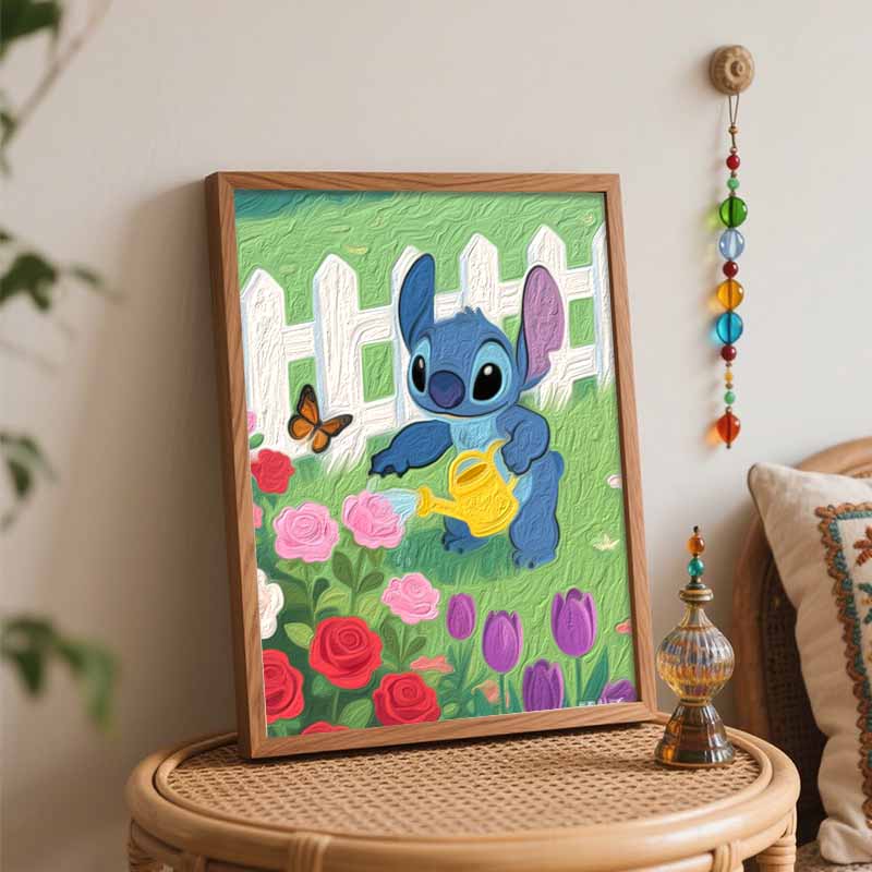 Disney Digital Oil Painting Art Kit Stitch Watering Flowers Hand Filled Home Decor