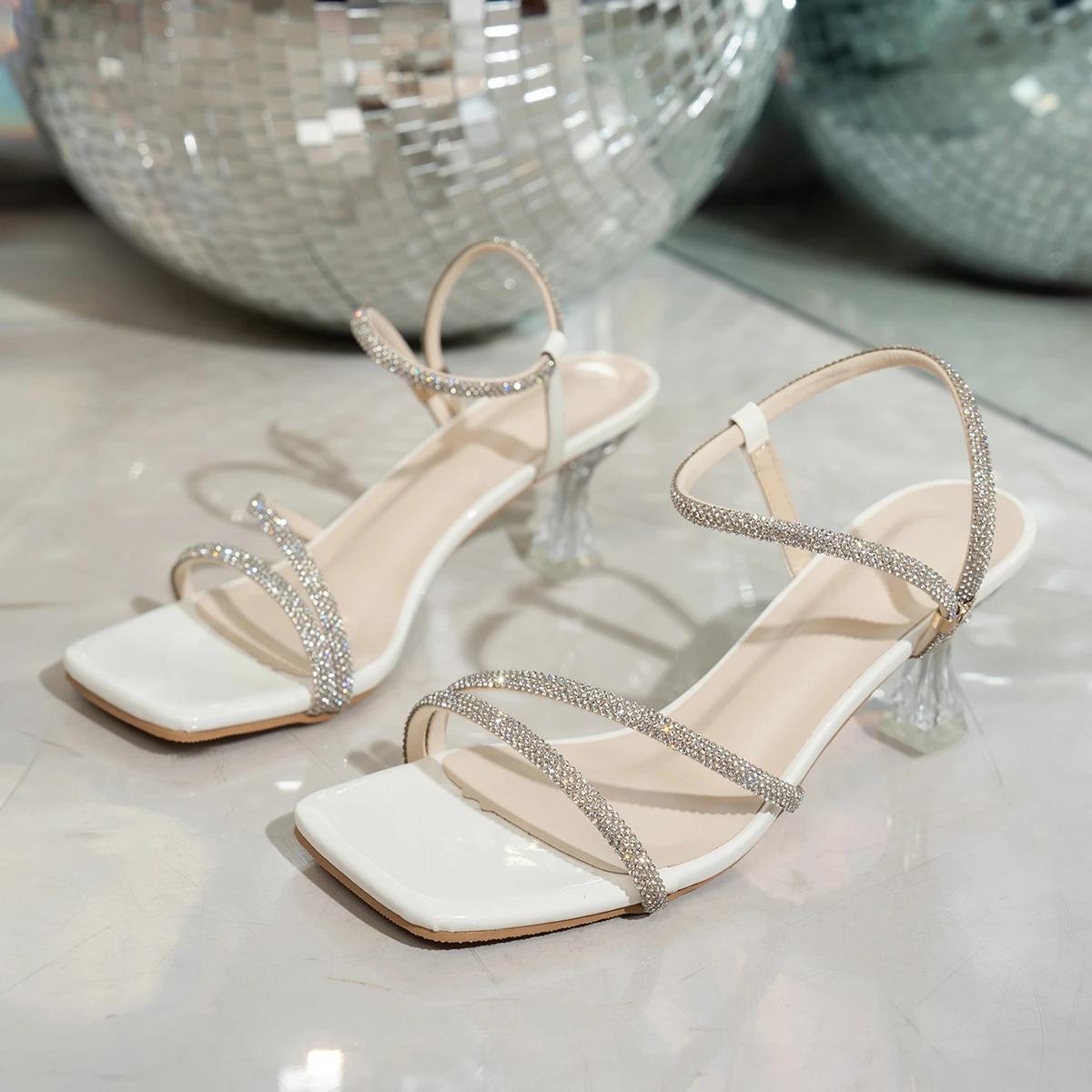 

Модные женские босоножки на высоком каблуке, французские стразы, модные сандалии, новый сказочный стиль, туфли на тонком высоком каблуке для женщин, Sandalias De Mujer 34 белый