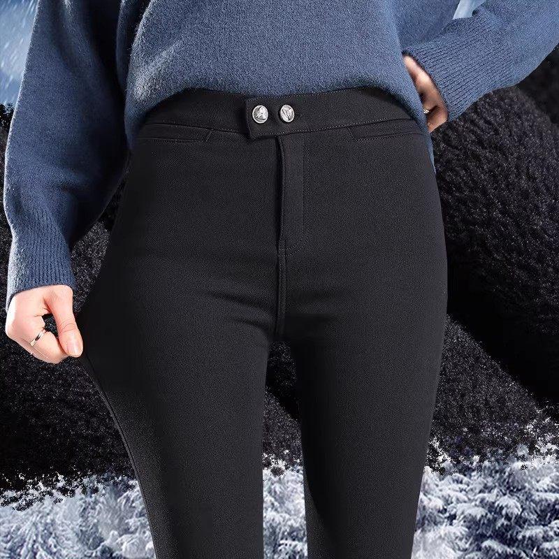 Women's High-Waisted Fleece-Lined Skinny Pants, 2025 Winter Style, Elastic Black Pencil Design for Indoor & Outdoor Wear