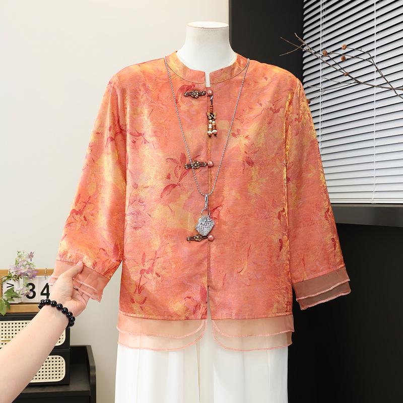 New Chinese Style Printed Stand Collar Shirt for Middle-aged Women