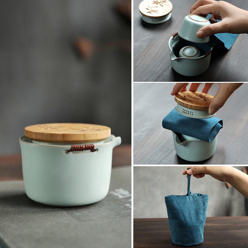Ceramic Quick Tea Cup One Pot Two Cups Ceramic Portable Storage Bag Kung Fu Tea Set