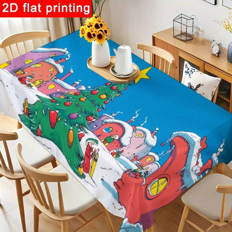 1pc Whimsical Christmas Tablecloth - Colorful Winter Village Design On Durable Polyester, Reusable & Easy To Clean for Holiday Party Decorations, Fami