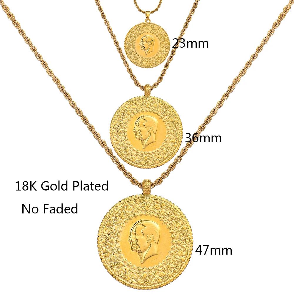 Türkische Münzen Schmuck Ethnische Geschenke Drei Größen Muslimisch Islam Türkei Atatürk Anhänger Allah Arabische Halsketten für Frauen Goldfarbe