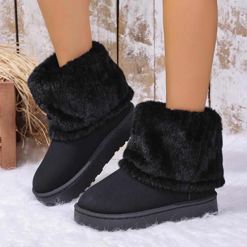 Fashion Warm Faux Fur Boot Tube Snow Boots Women 2025 Winter Round Toe Soft Thick Bottom Medium Heel Ankle Boots Winter Cotton Shoes
